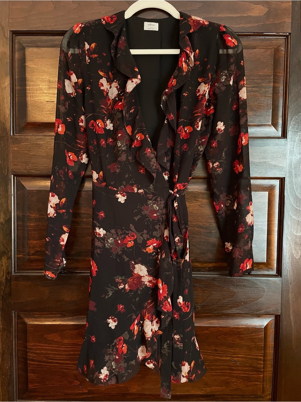 Wilfred Black Floral Sheer Long-Sleeve Wrap Dress
